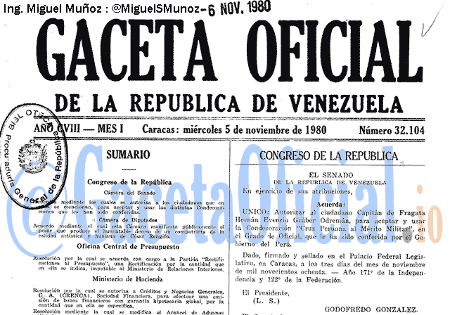 Gaceta Oficial 32104 del 5 Noviembre 1980