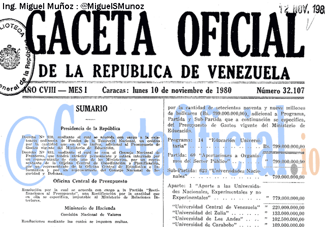Gaceta Oficial 32107 del 10 Noviembre 1980