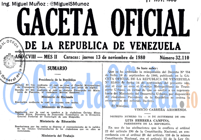 Gaceta Oficial 32110 del 13 Noviembre 1980