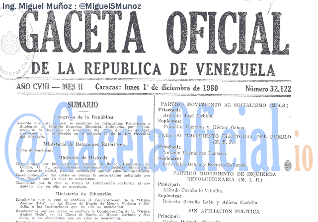 Gaceta Oficial 32122 del 1 Diciembre 1980