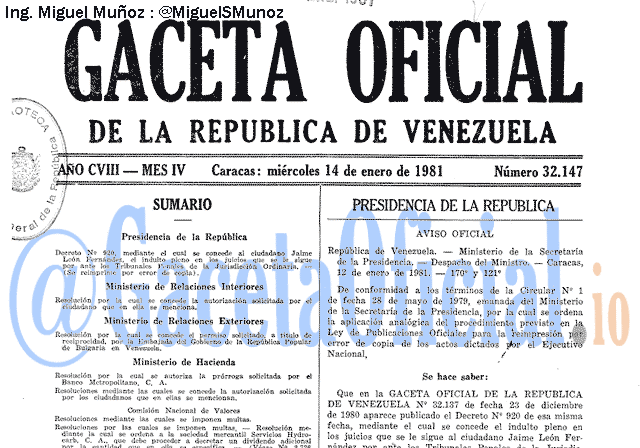 Gaceta Oficial 32147 del 14 Enero 1981