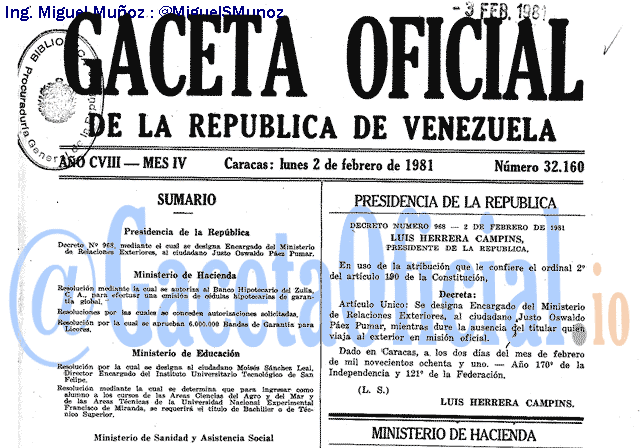 Gaceta Oficial 32160 del 2 Febrero 1981