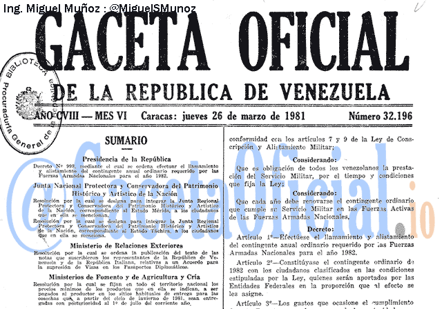 Gaceta Oficial 32196 del 26 Marzo 1981