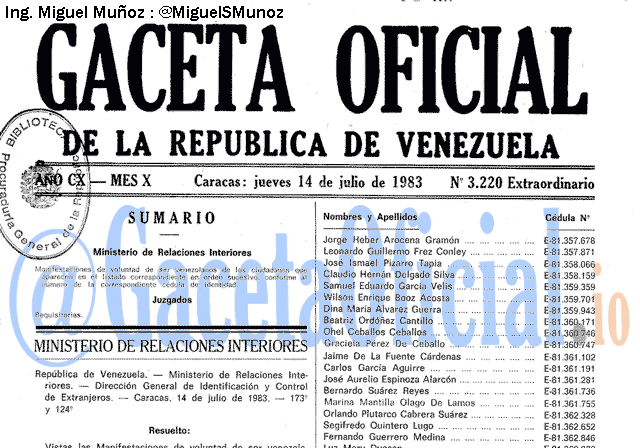 Gaceta Oficial 3220 del 14 Julio 1983
