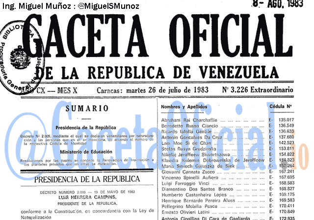 Gaceta Oficial 3226 del 26 Julio 1983
