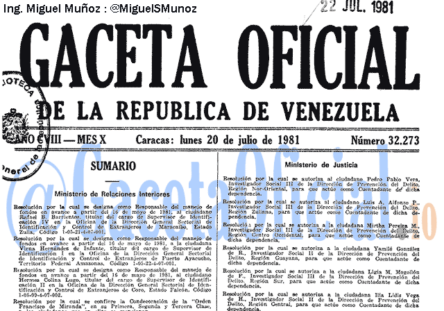 Gaceta Oficial 32273 del 20 Julio 1981