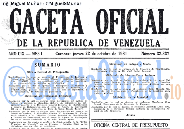 Gaceta Oficial 32337 del 22 Octubre 1981