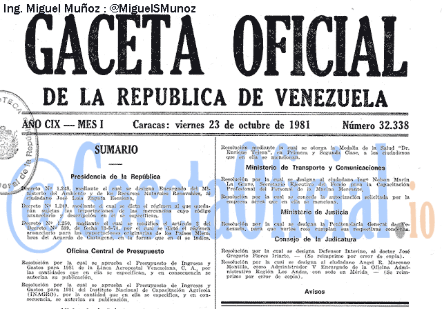 Gaceta Oficial 32338 del 23 Octubre 1981