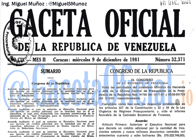 Gaceta Oficial 32371 del 9 Diciembre 1981