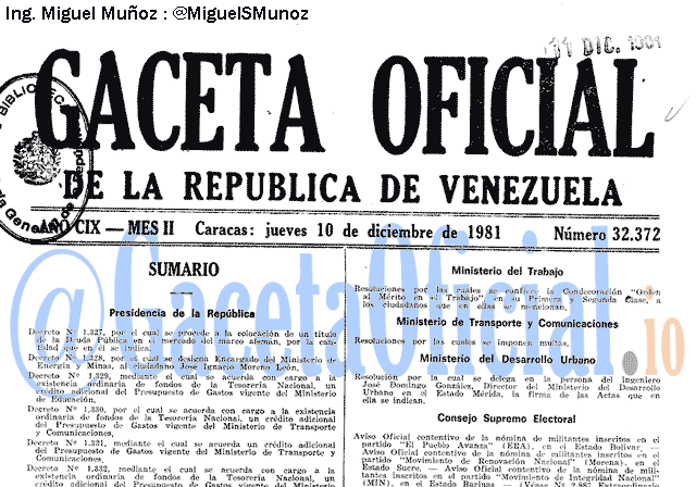 Gaceta Oficial 32372 del 10 Diciembre 1981