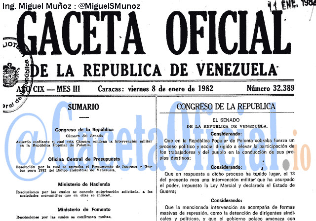 Gaceta Oficial 32389 del 8 Enero 1982