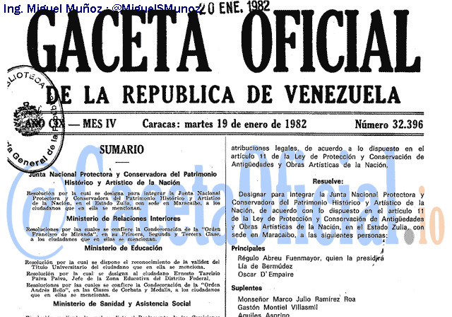 Gaceta Oficial 32396 del 19 Enero 1982