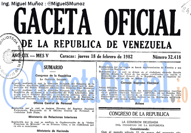 Gaceta Oficial 32418 del 18 Febrero 1982