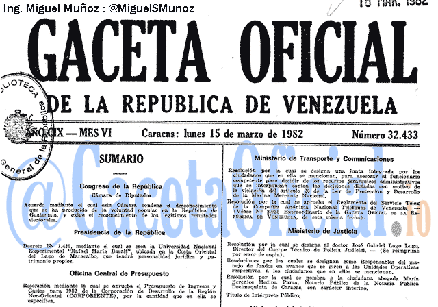 Gaceta Oficial 32433 del 15 Marzo 1982