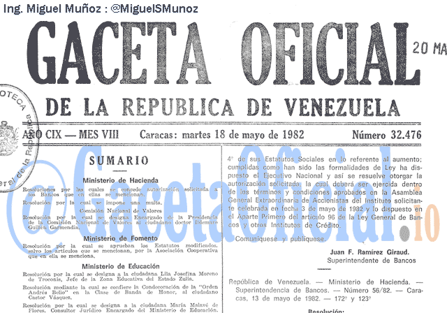 Gaceta Oficial 32476 del 18 Mayo 1982