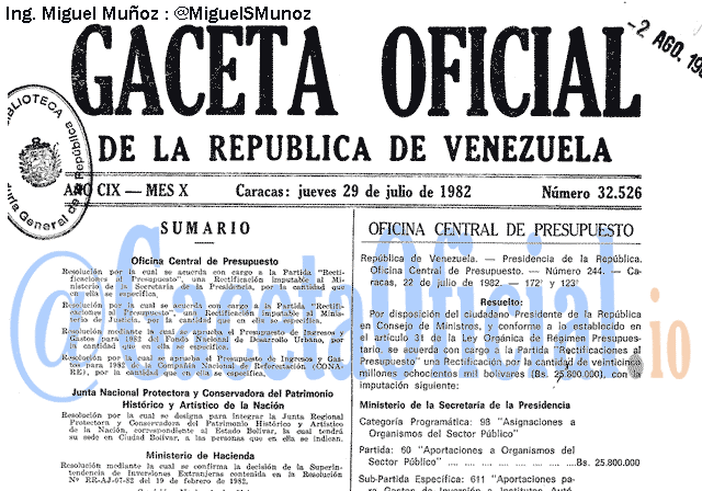 Gaceta Oficial 32526 del 29 Julio 1982