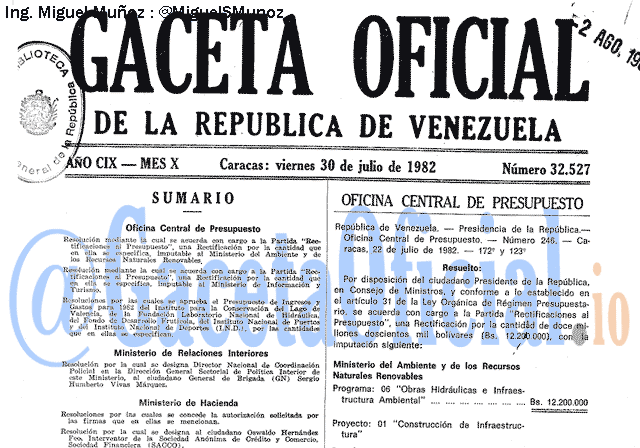 Gaceta Oficial 32527 del 30 Julio 1982