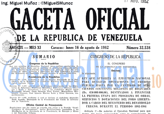 Gaceta Oficial 32538 del 16 Agosto 1982