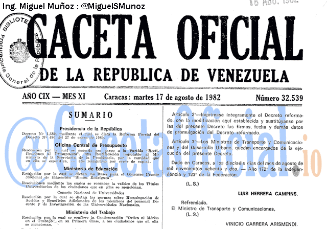 Gaceta Oficial 32539 del 17 Agosto 1982