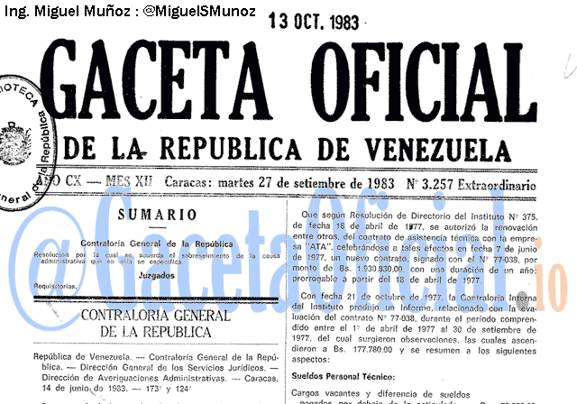 Gaceta Oficial 3257 del 27 Septiembre 1983