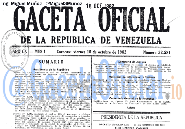 Gaceta Oficial 32581 del 15 Octubre 1982