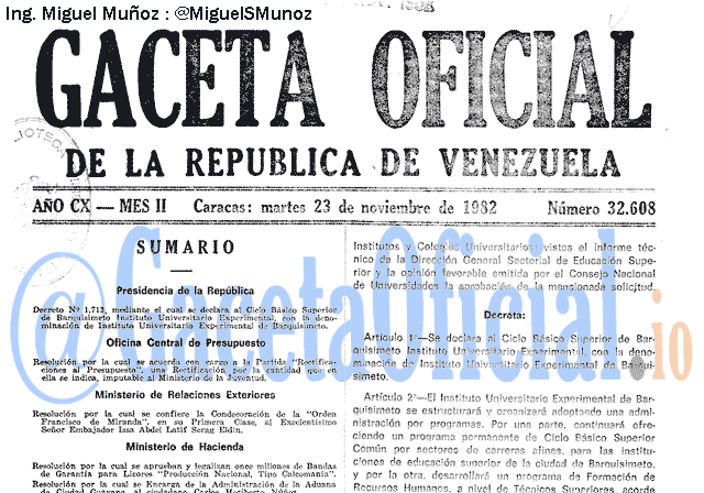 Gaceta Oficial 32608 del 23 Noviembre 1982