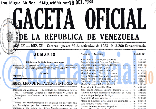 Gaceta Oficial 3260 del 29 Septiembre 1983