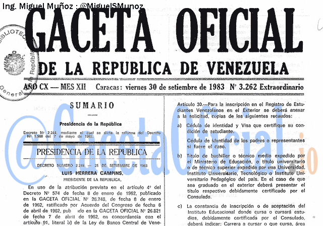 Gaceta Oficial 3262 del 30 Septiembre 1983