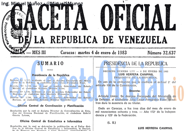 Gaceta Oficial 32637 del 4 Enero 1983