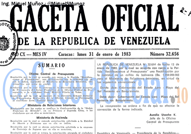 Gaceta Oficial 32656 del 31 Enero 1983