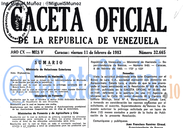 Gaceta Oficial 32665 del 11 Febrero 1983