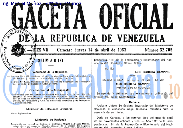 Gaceta Oficial 32705 del 14 Abril 1983