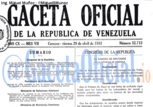 Gaceta Oficial 32715 del 29 Abril 1983