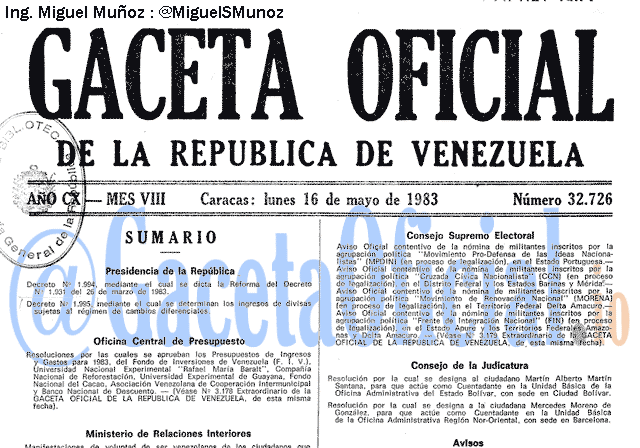 Gaceta Oficial 32726 del 16 Mayo 1983