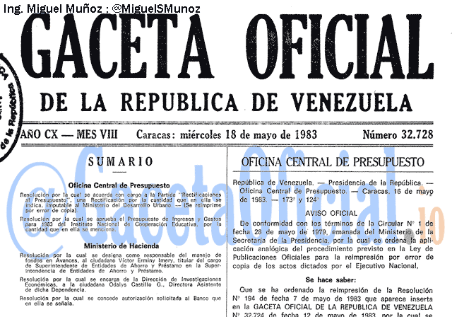 Gaceta Oficial 32728 del 18 Mayo 1983