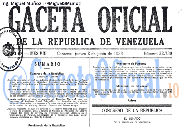 Gaceta Oficial 32739 del 2 Junio 1983