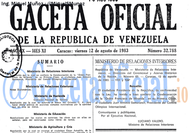 Gaceta Oficial 32788 del 12 Agosto 1983