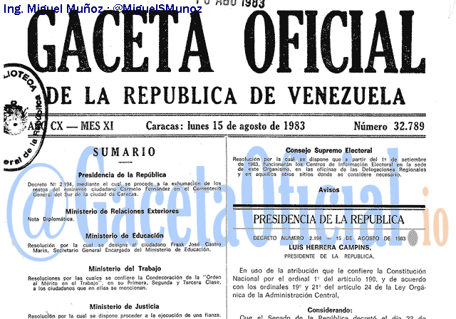 Gaceta Oficial 32789 del 15 Agosto 1983