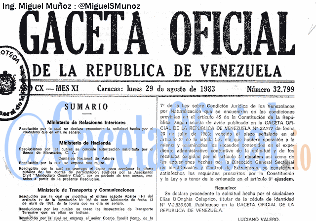 Gaceta Oficial 32799 del 29 Agosto 1983