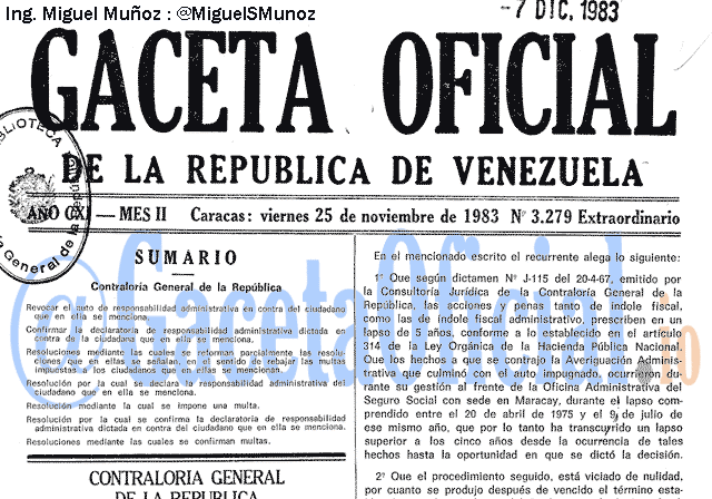 Gaceta Oficial 3279 del 25 Noviembre 1983