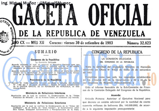 Gaceta Oficial 32823 del 30 Septiembre 1983