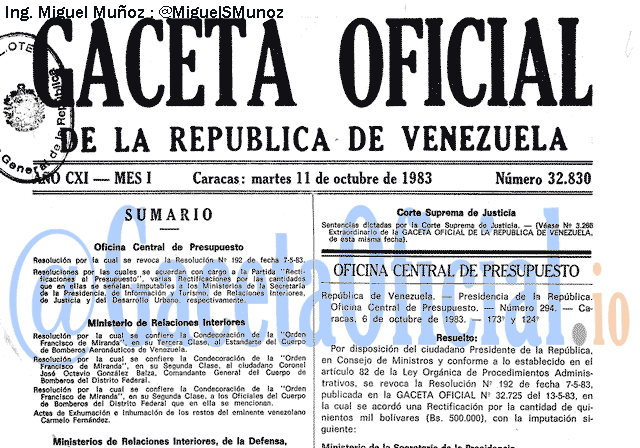 Gaceta Oficial 32830 del 11 Octubre 1983
