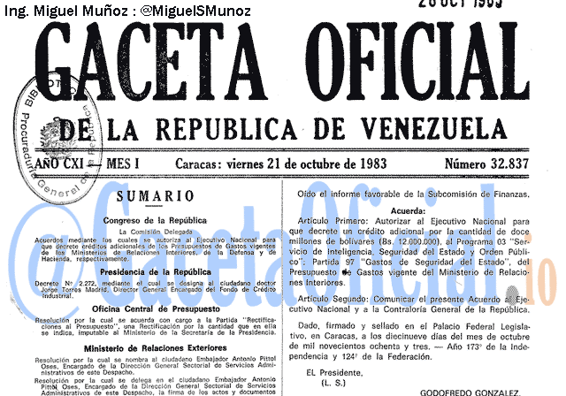 Gaceta Oficial 32837 del 21 Octubre 1983
