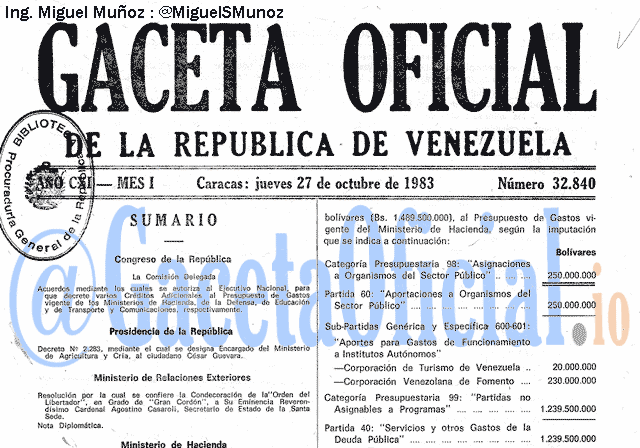 Gaceta Oficial 32840 del 27 Octubre 1983