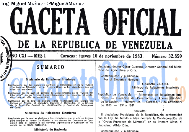 Gaceta Oficial 32850 del 10 Noviembre 1983