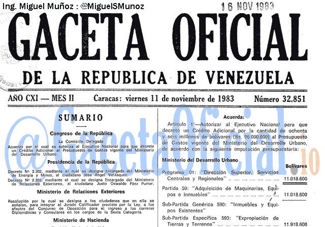 Gaceta Oficial 32851 del 11 Noviembre 1983