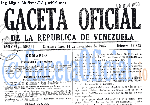 Gaceta Oficial 32852 del 14 Noviembre 1983