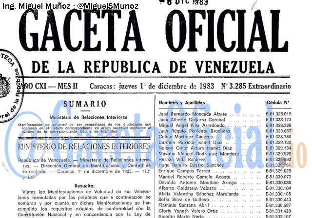 Gaceta Oficial 3285 del 1 Diciembre 1983