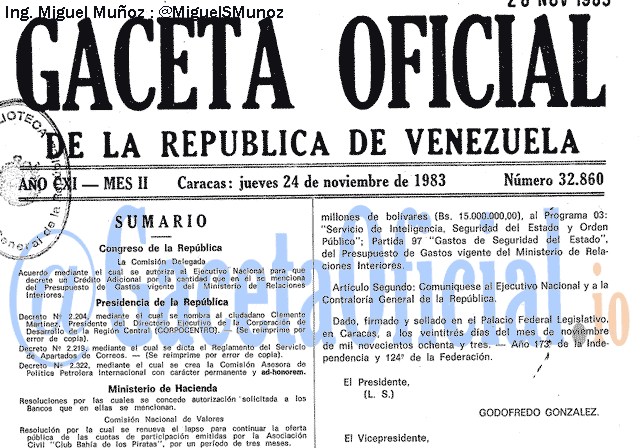 Gaceta Oficial 32860 del 24 Noviembre 1983