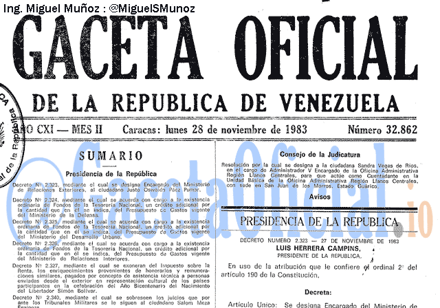 Gaceta Oficial 32862 del 28 Noviembre 1983